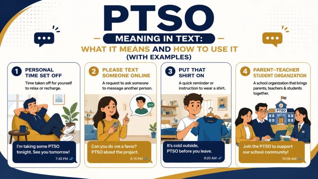Different meanings of PTSO in text, slang, and school contexts