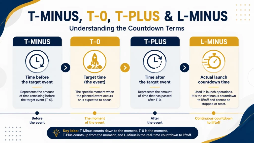 Difference between T minus, T-0, T plus, and L minus