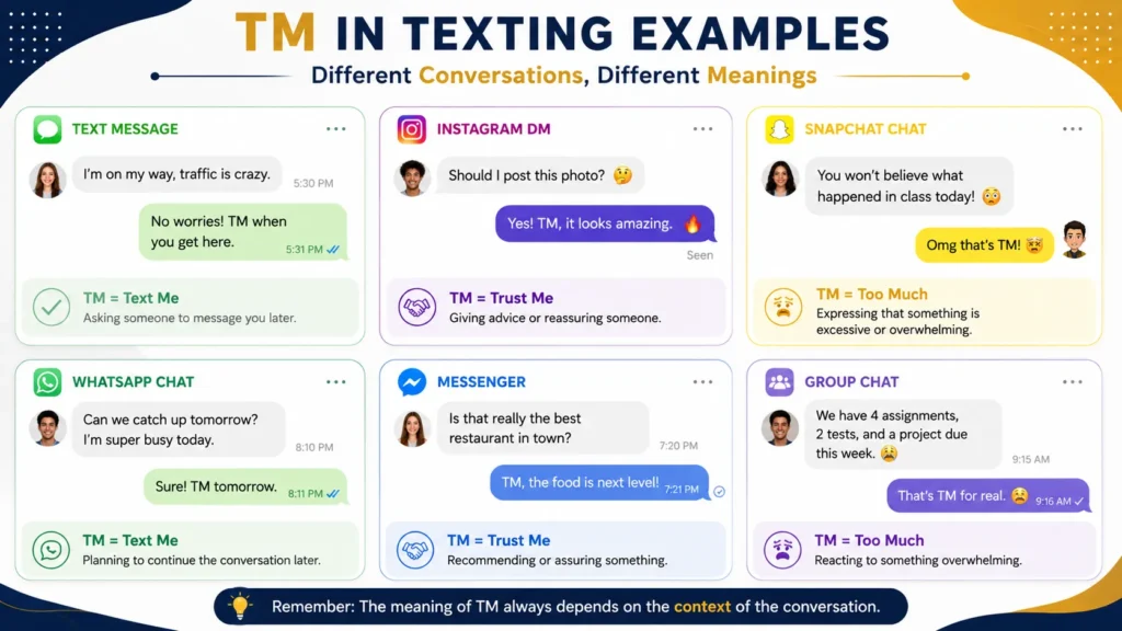 TM meaning in texting examples for chat, Instagram, and Snapchat