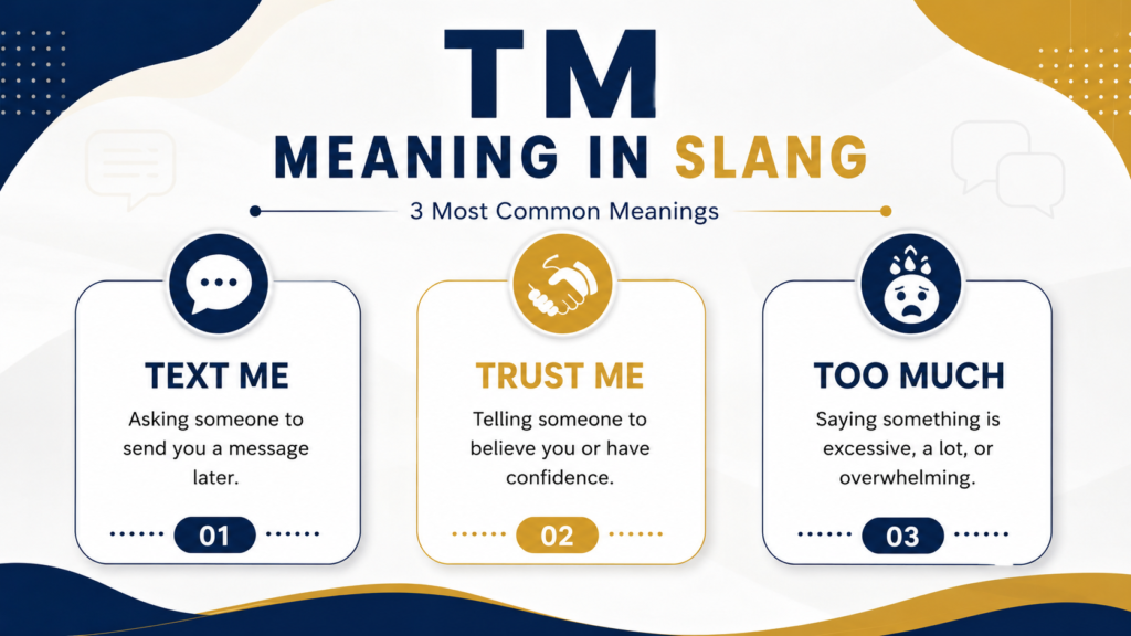 TM meaning slang with Text Me, Trust Me, and Too Much